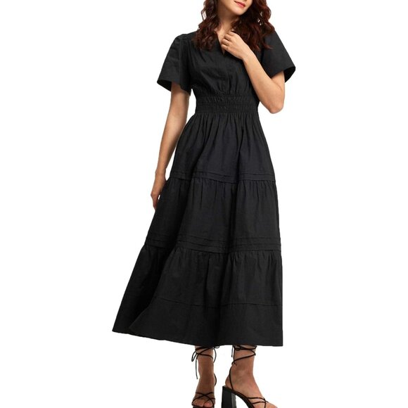 Women's Black Cotton Maxi Dress with V Neck Short Sleeves Flowy Summer - Picture 1 of 6